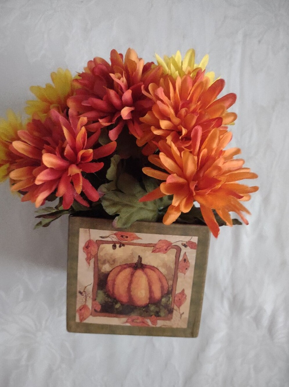 Faux Mums Arrangement Pumpkin Box